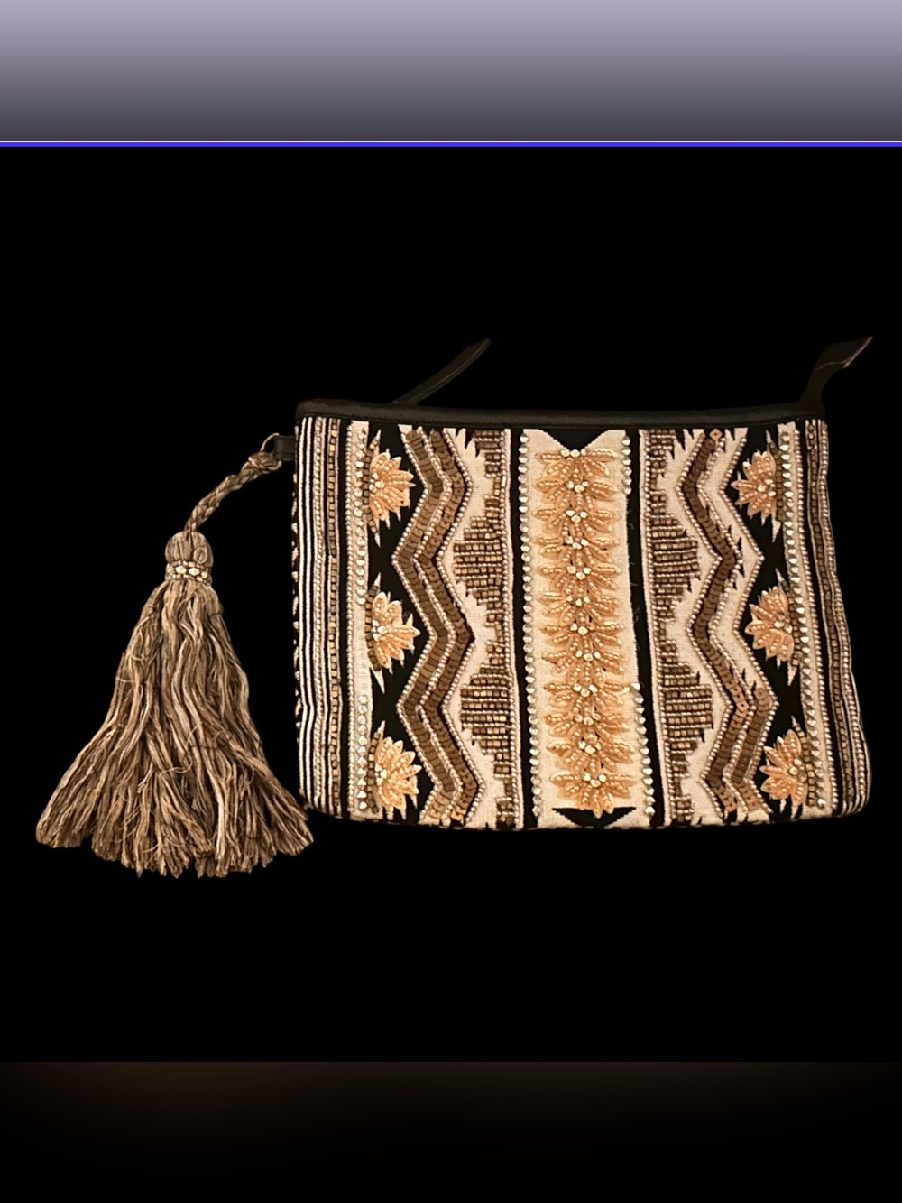 Betts Black, Gold & Cream Beaded Embellished Clutch 10x8